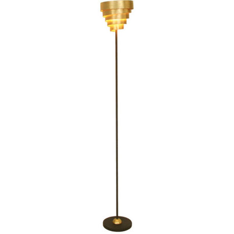 Candeeiro de pé Banderole em ferro castanho-preto-dourado com design moderno e elegantes detalhes em dourado.