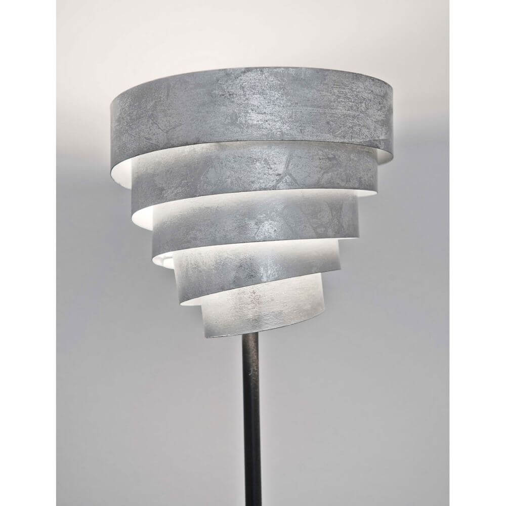 Stehleuchte Banderole Eisen Schwarz-Silber mit spiralförmigem Schirm und modernem Design.