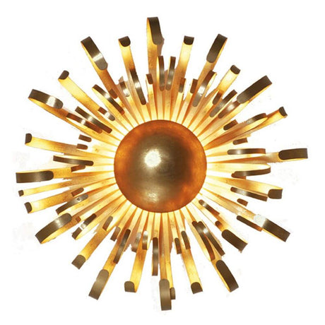Wandleuchte 2-flammig Alessia Eisen Gold mit goldenen Strahlen und zentraler runder Leuchte.