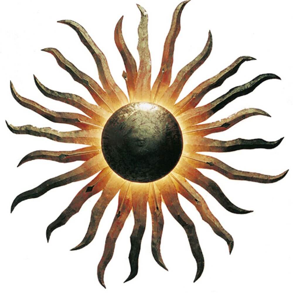 Aplique de pared 2 llamas Sol Grande Hierro Oro con motivo de sol de hierro en oro y negro.