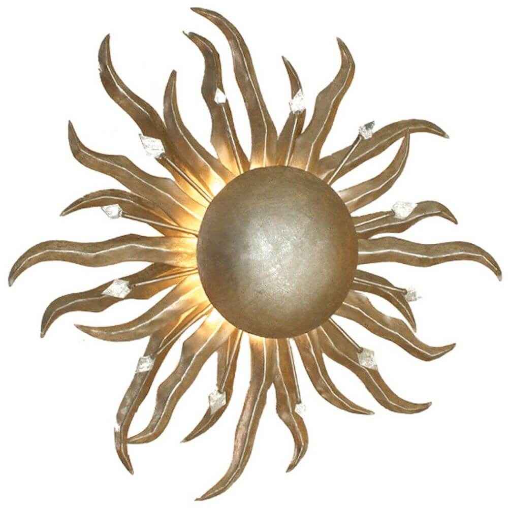 Wandleuchte Sonne Piccola Eisen Silber mit kunstvollem Sonnenstrahlendesign in Silber.