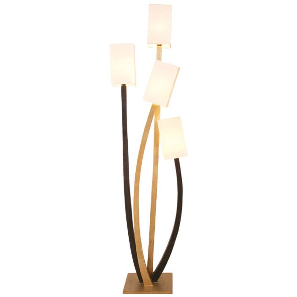 Stehleuchte 4-flammig Quadrangolare Eisen Braun-Schwarz-Gold mit vier Leuchtkörpern in modernem Design.