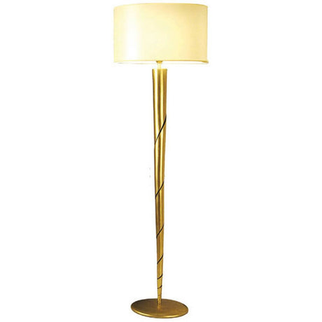 Candeeiro de pé Innovazione ferro dourado com um elegante design dourado e um abajur claro.