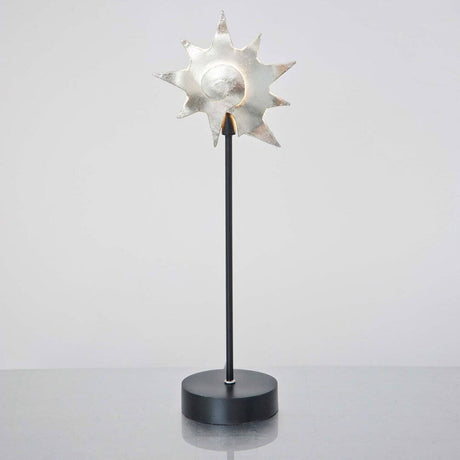 Bordlampe Piccola Lumache jern sort og sølv på et bord med sort fod og sølv skærm.