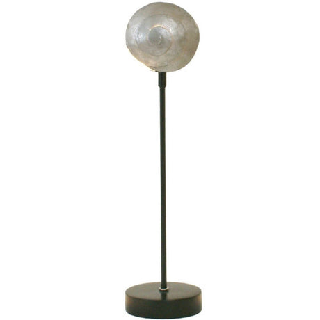 Lampe de table Piccola Nautilo en fer noir-argent avec abat-jour transparent et design élégant.