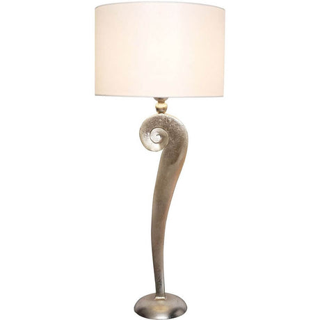 Table lamp Lino iron silver-white with elegant curved design and neutral lampshade.
