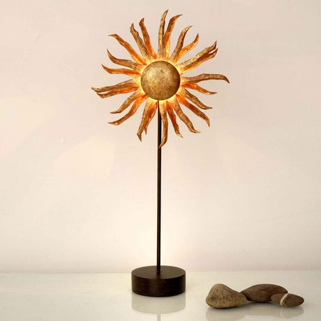 6-light table lamp Sun iron brown-black-gold with a decorative sun design and warm light.