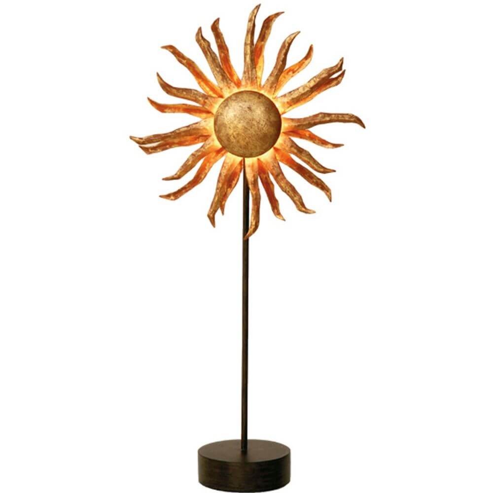 Tischleuchte 6-flammig Sonne Eisen Braun-Schwarz-Gold auf einem stabilen Sockel, designed für stilvolle Innenräume.