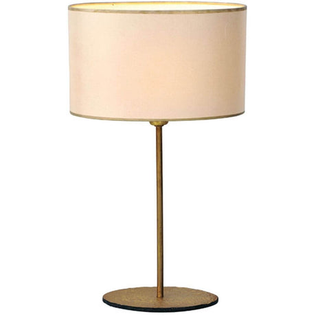 Tafellamp Mattia Oval ijzer goud-ecru met ovale kap in roze en gouden details op een ronde voet.