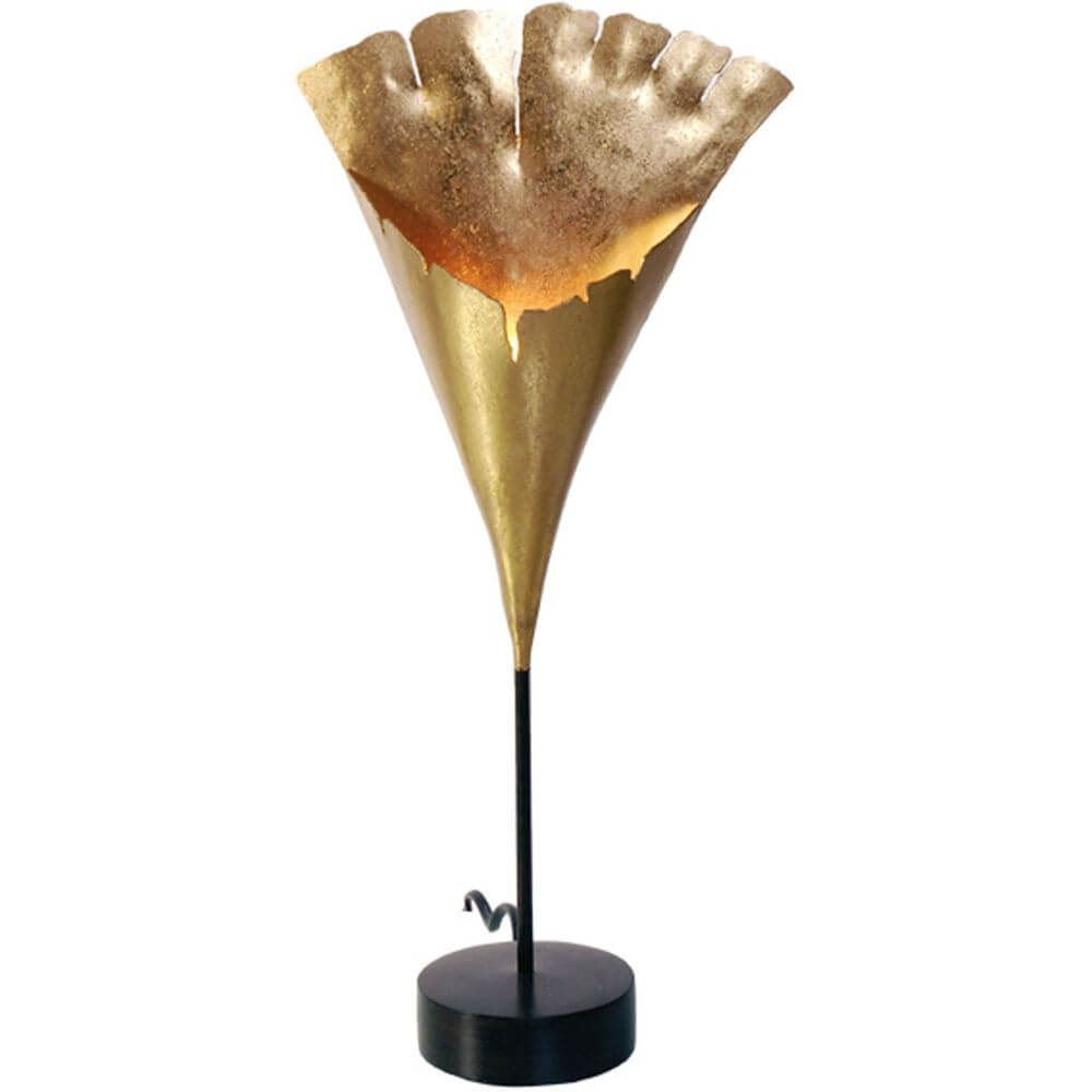 Tischleuchte Ginkgo Eisen Gold-Braun-Schwarz mit einzigartigem Blätterdesign und elegantem Standfuß.