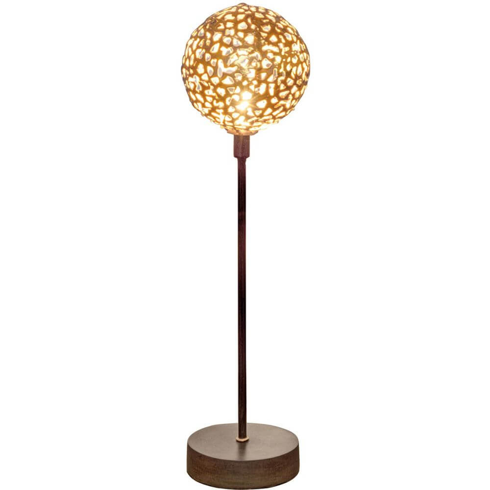Tischleuchte Sfera Grande Eisen Braun-Schwarz-Gold mit dekorativem Leuchtenball und edlem Fuß.