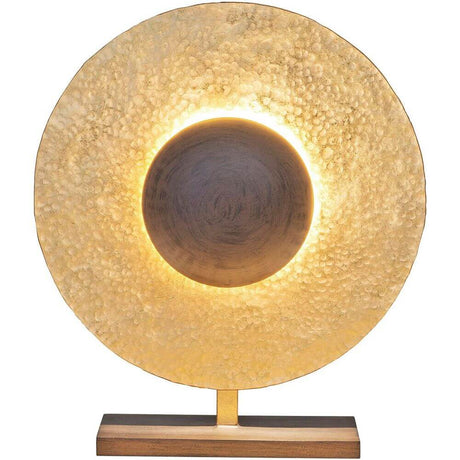 Lampada da tavolo a 3 luci Villino in ferro marrone-nero-oro con paralume dorato e base in legno.