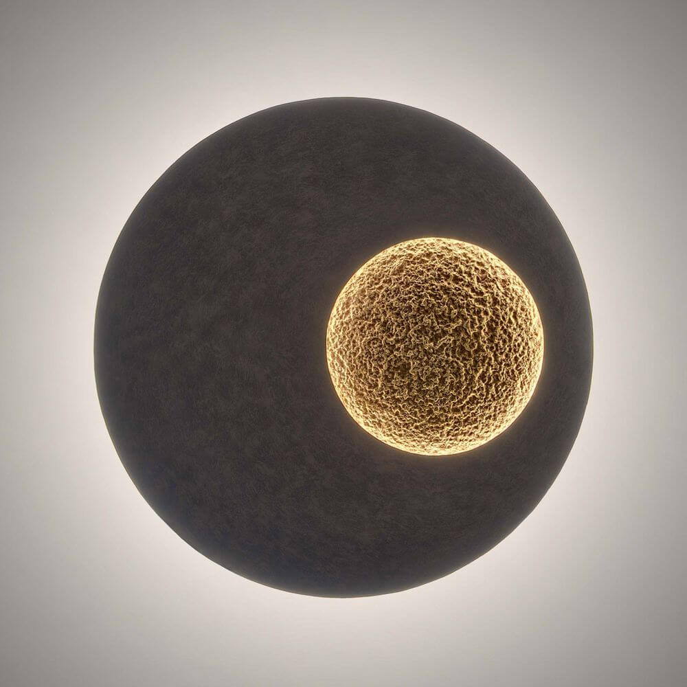 Wandleuchte Luna Rund Gross Eisen Braun-Schwarz-Gold in modernem Design mit strukturierter Oberfläche.