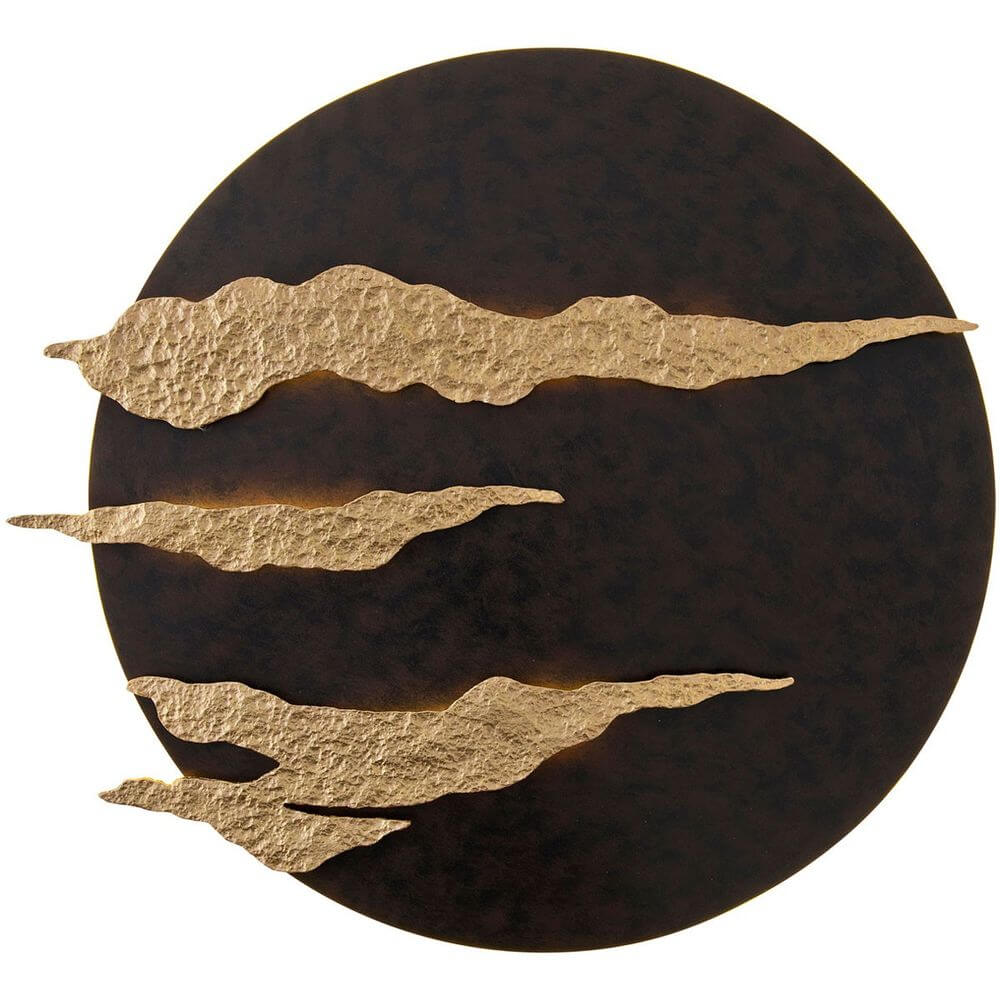Wandleuchte Firmamento Eisen Braun-Schwarz-Gold mit goldenen Wolkenmotiven auf schwarzem Hintergrund