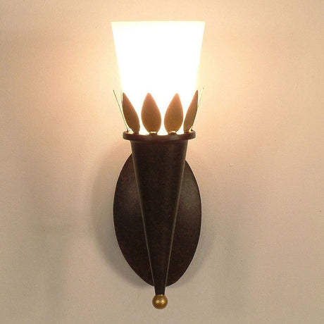Væglampe Torcia Foglie jern-glas brun-sort-guld på væggen, elegant lysdesign.