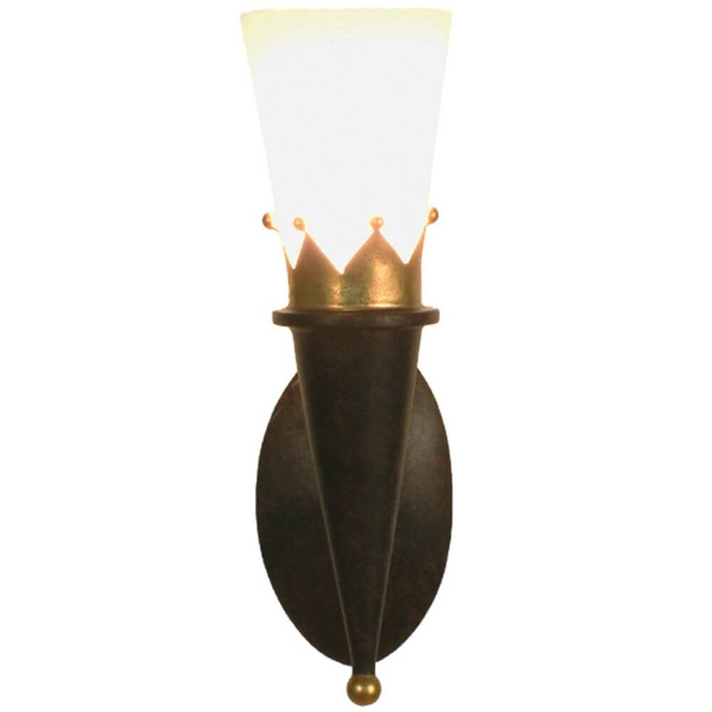 Wandleuchte Torcia Corona Eisen-Glas Braun-Schwarz-Gold mit Glasschirm und goldenen Akzenten.