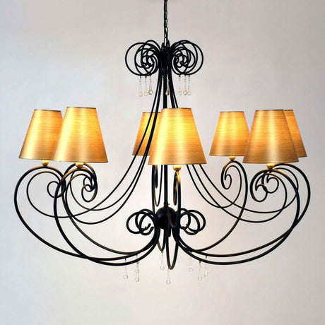 Hängeleuchte 8-flammig Mia Eisen Schwarz-Braun mit elegantem Design und beige Lampenschirmen.
