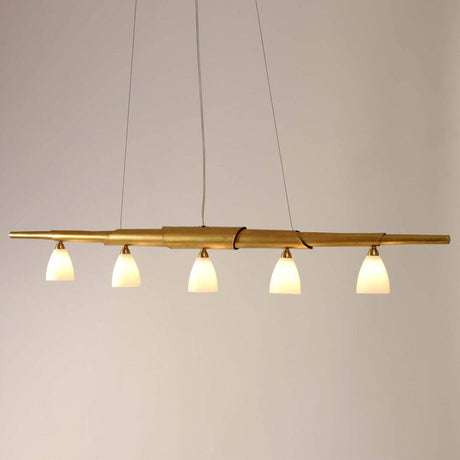 Lampa wisząca 5-punktowa Innovazione żelazo-szkło złota z sześcioma nowoczesnymi lampami w eleganckiej złotej optyce.