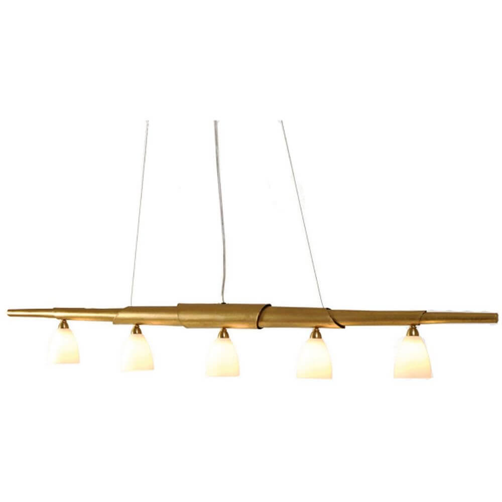 Hängeleuchte 5-flammig Innovazione Eisen-Glas Gold mit fünf Leuchtenschirmen in elegantem Design.