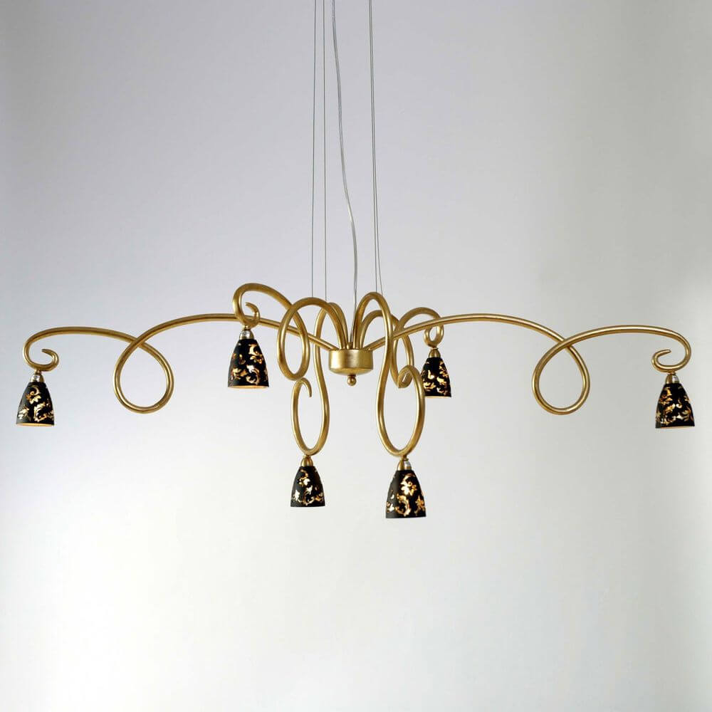 Hängeleuchte 6-flammig Alice Fiorire Eisen-Glas Gold mit eleganten, geschwungenen Formen und stilvollen Lampenschirmen.