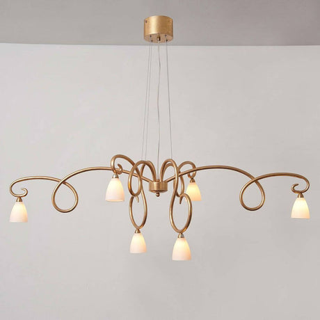 Lampa wisząca 6-płomienna Alice Bianco żelazo-szkło złota z eleganckimi wygiętymi oprawami i białym szkłem.