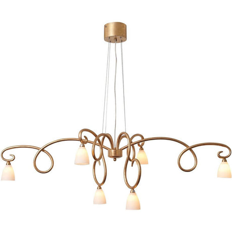 Lampa wisząca 6-płomienna Alice Bianco żelazo-szkło złota z elegancko wygiętymi ramionami i szklanymi kloszami.