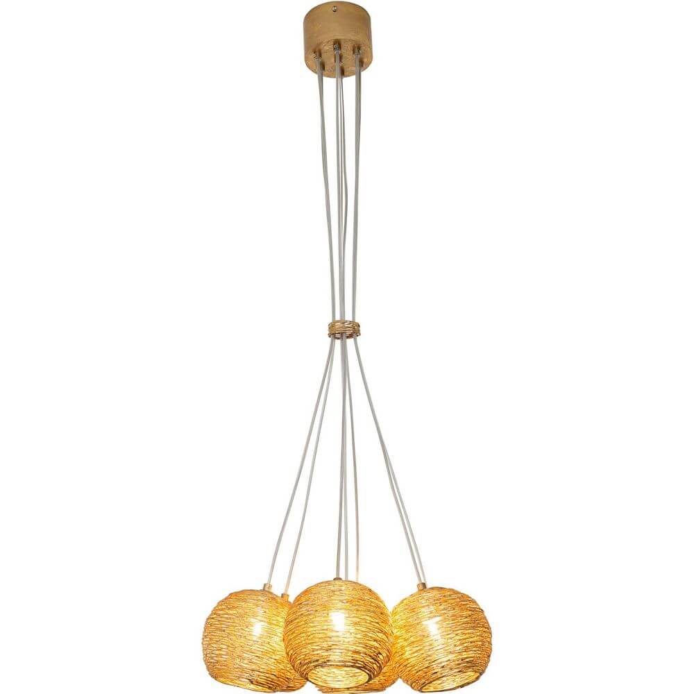 Hängeleuchte 7-flammig Carillon Eisen Gold mit drei goldenen Lampenschirmen.