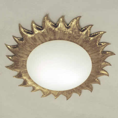 Taklampa med 3 ljuskällor Sole Grande järn-glass guld med gyllene solform och opalglas.