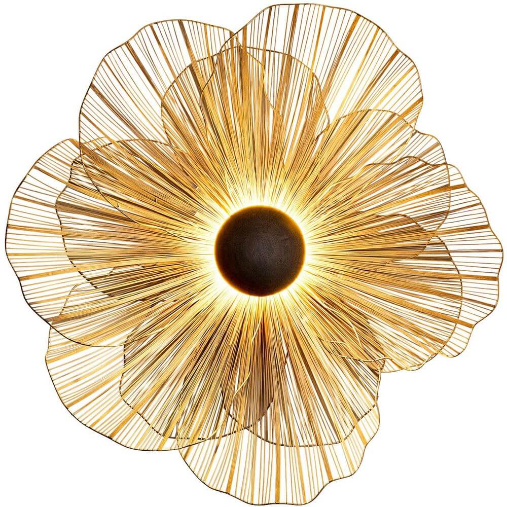 Wandleuchte Tremolo Ø 77cm aus goldfarbenem Eisendraht, blumenförmiges Design mit weichem Licht.