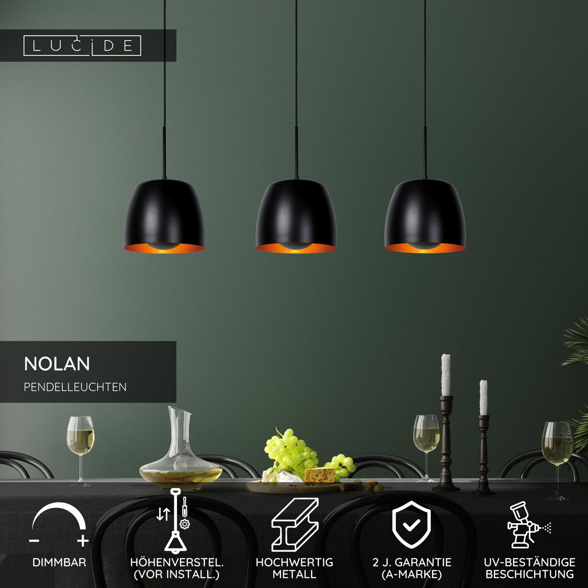 Pendelleuchte Nolan 3-flammig Schwarz, Messing E27 (6)