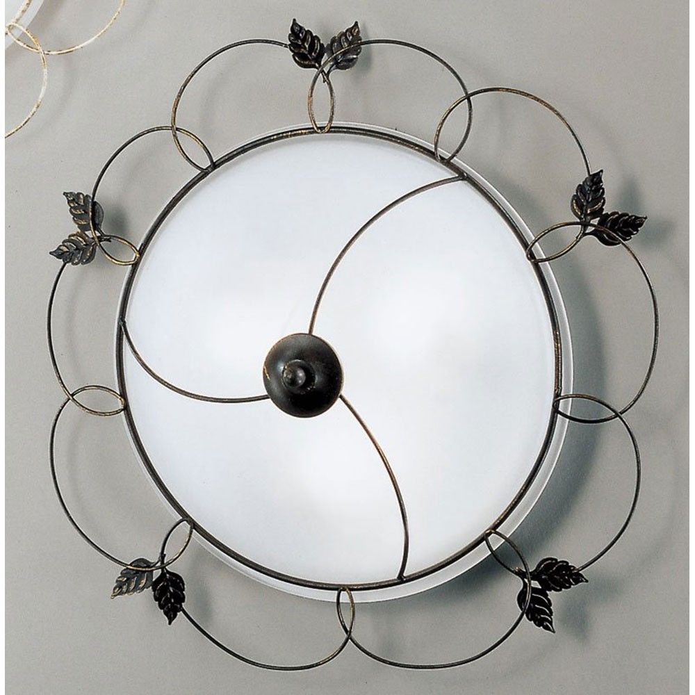 Deckenleuchte 3-flammig rost-Gold Ø 58cm mit elegantem Blätterdesign und weißem Glasschirm.