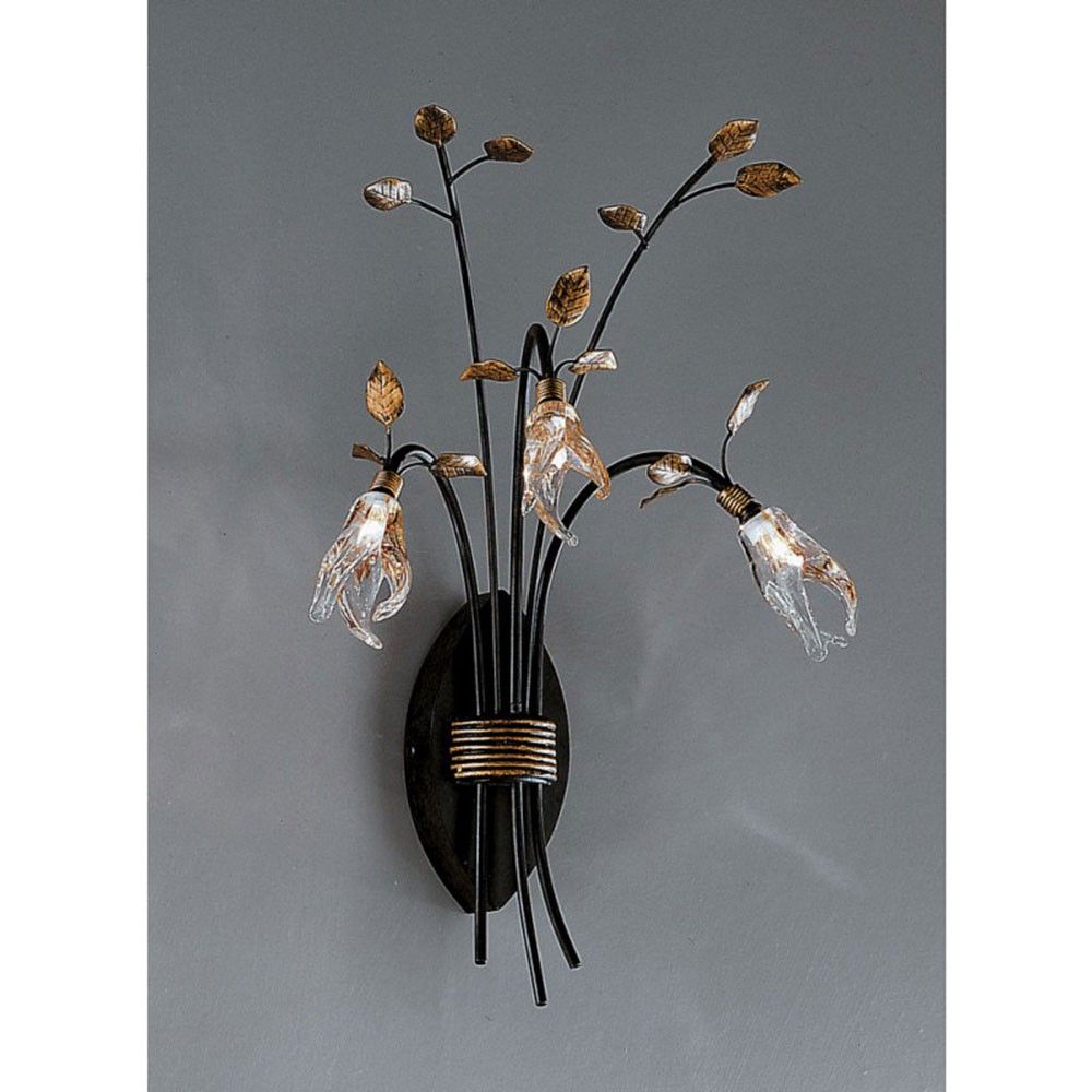 Millefoglie Wandleuchte 3-flammig Glas klar 43cm mit eleganten, blütengestalteten Leuchten in schwarzem Design.