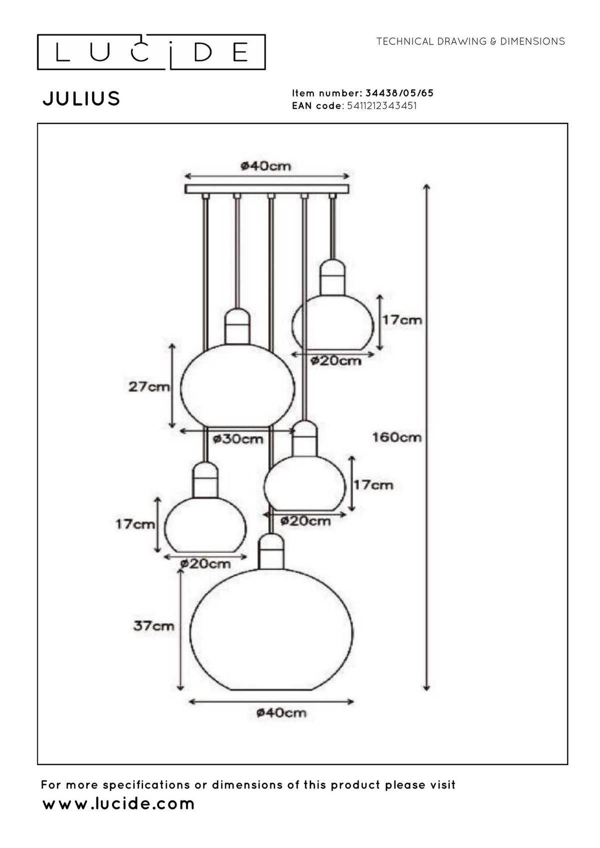 Pendelleuchte Julius 5-flammig mit Glasschirm (5)