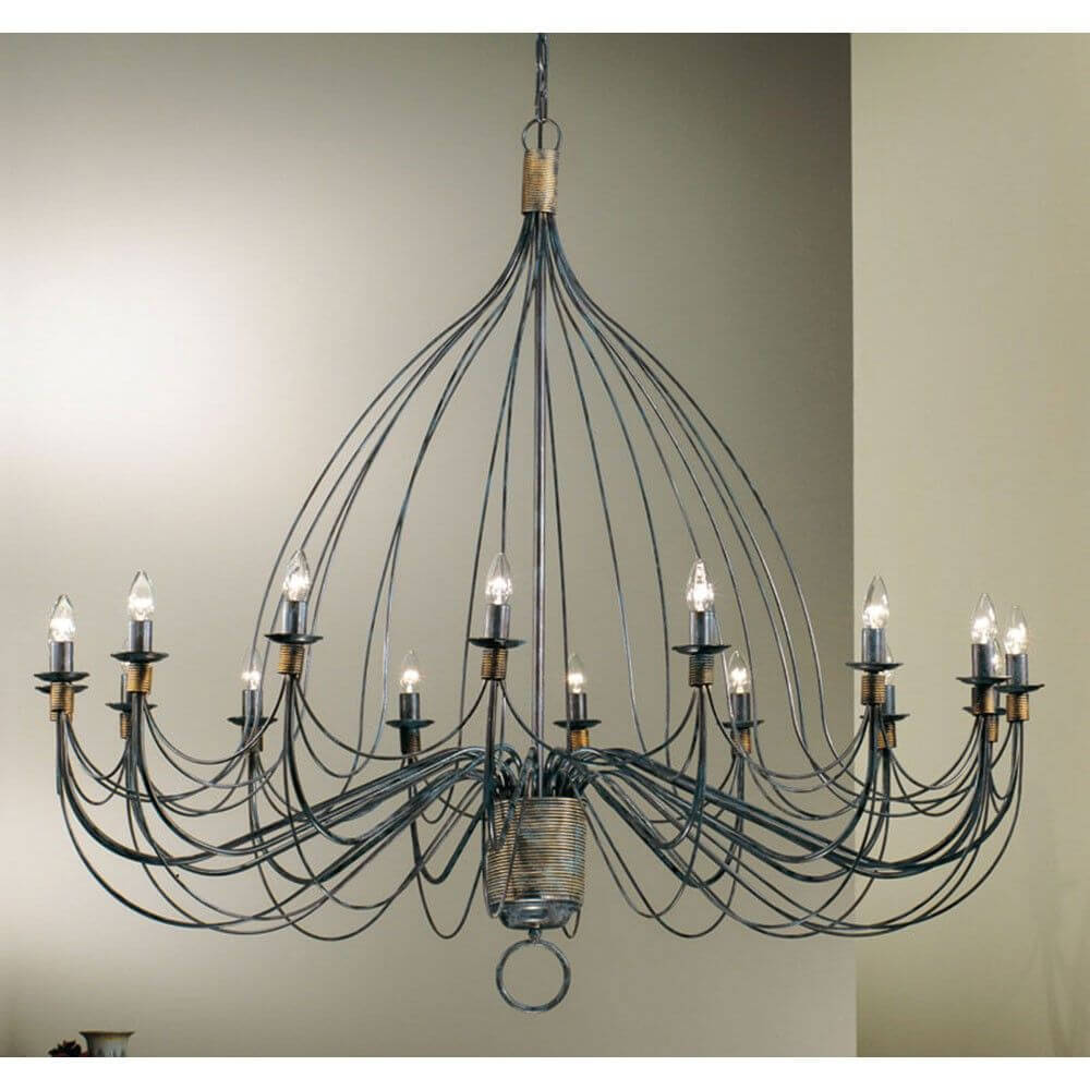 Filo Krone 16-flammig blauSchwarz Ø 140cm großer Draht-Kronleuchter mit 16 Kerzenlampen, elegantes blau-schwarzes Finish, Ø 140cm