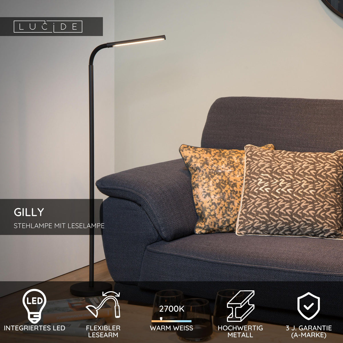 LED-Lese-Stehleuchte Gilly mit flexiblem Lesearm Schwarz (3)