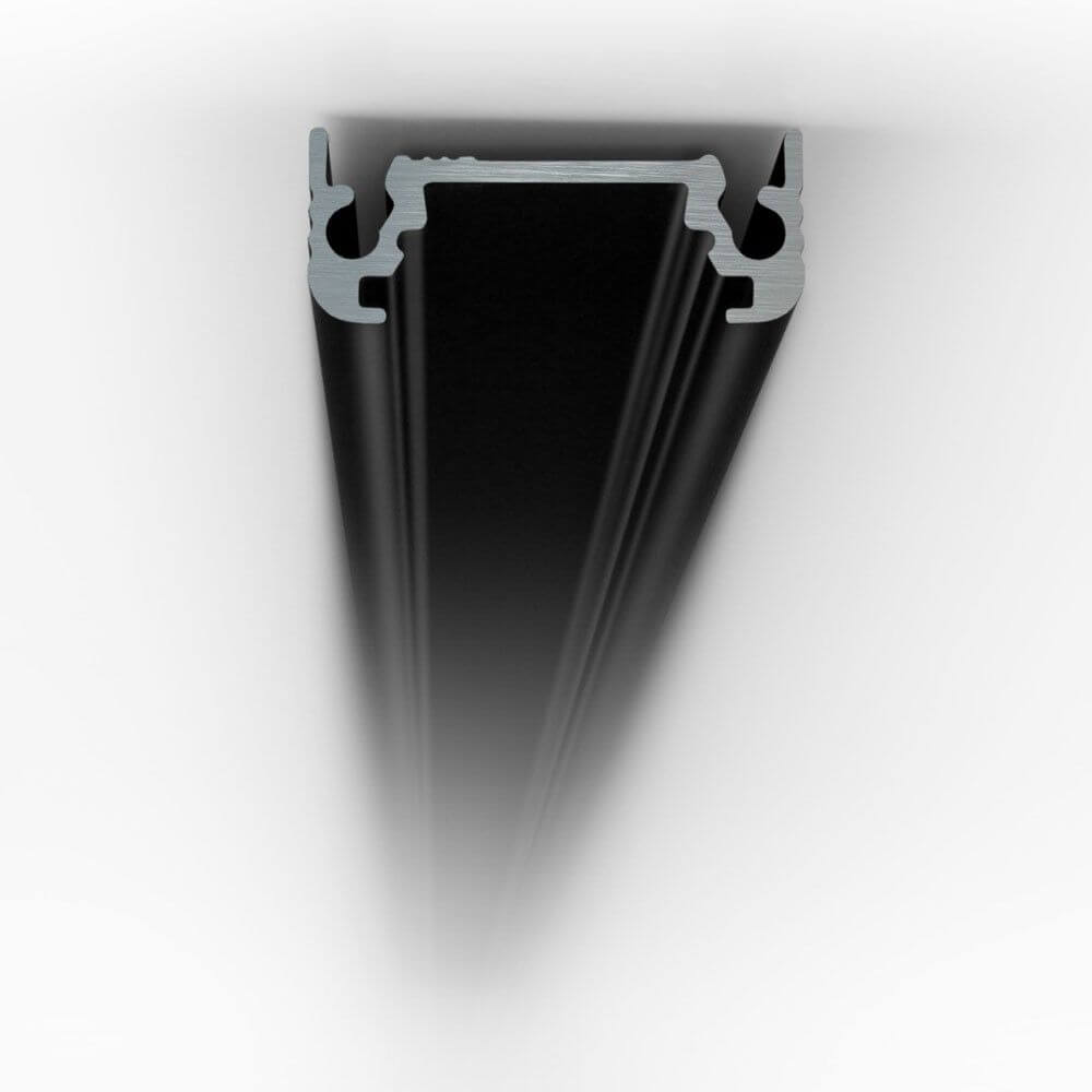 Aufbauprofil flach 200cm Schwarz ohne Abdeckung für LED-Strips - Detailansicht des Aluminiumprofils.