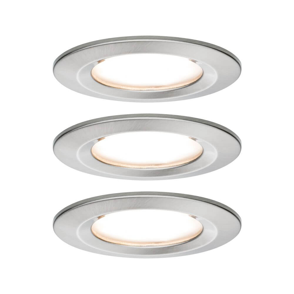 3er-Set LED Einbauleuchte Nova rund Eisen-Gebürstet in flachem Design, warmweißes Licht.