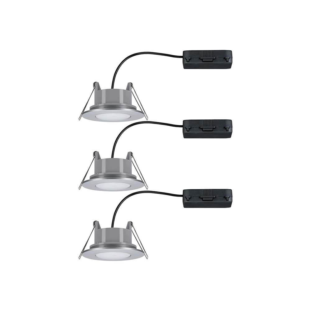 3er-Set LED Einbauleuchten Calla IP65 4000K Chrom-Matt mit drei blendenfreien Einbaustrahlern in Chrom matt.