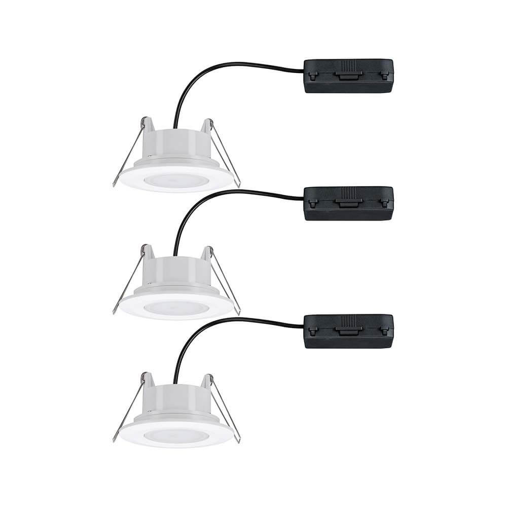 3er-Set Calla LED Einbauleuchten in Weiß mit schwarzem Anschlusskabel, dimmbar und schwenkbar.
