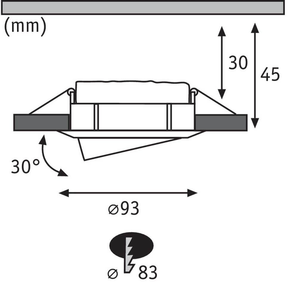Technische Zeichnung der 3er-Set LED Einbaustrahler Nova Plus Coin mit Abmessungen und Montagehinweisen.