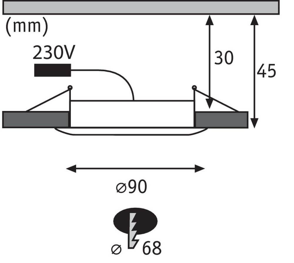 Technische Zeichnung des 3er-Set Premium LED Einbaustrahlers-Set Suon warm-dim IP44, Maße und Anschlussdetails.