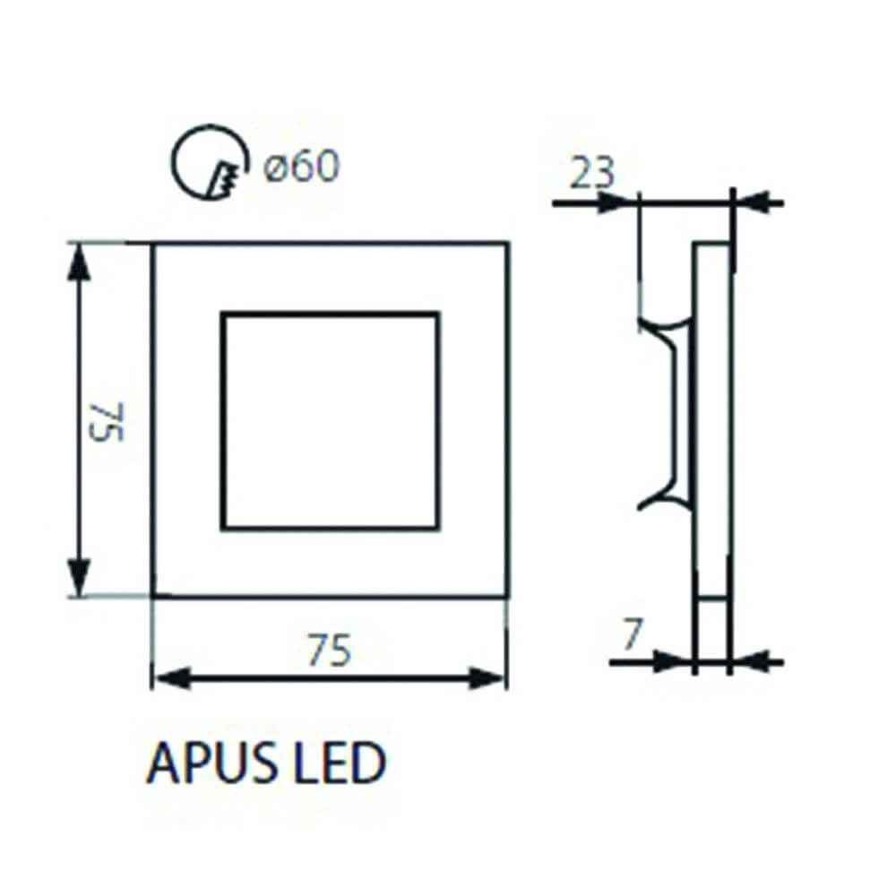 Technische Zeichnung der LED-Wandeinbauleuchte Apus Alu-gebürstet mit Abmessungen und Designdetails.