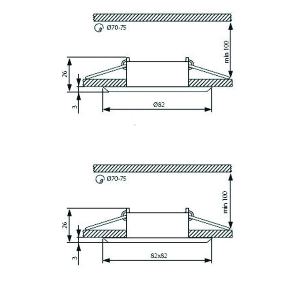 Maßzeichnung des schwenkbaren Einbaustrahlers Dalla in rund, mit Abmessungen für die Installation.