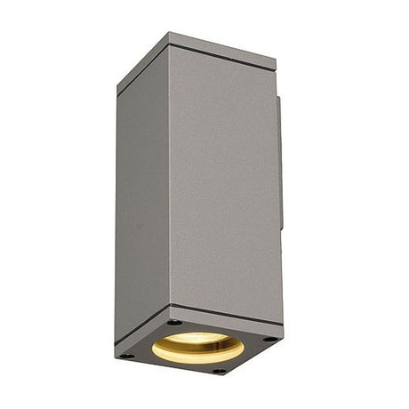 Theo Wall Out Außen-Wandleuchte eckig GU10 silbergrau, moderne Aluminium- und Glasleuchte für den Außenbereich IP44