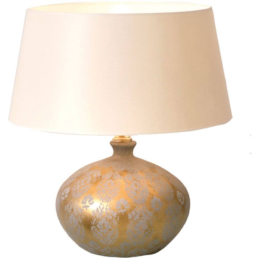 Tischleuchte Vaso Barocco Keramik Gold-Silber mit eleganter Keramikbasis und schickem Lampenschirm.