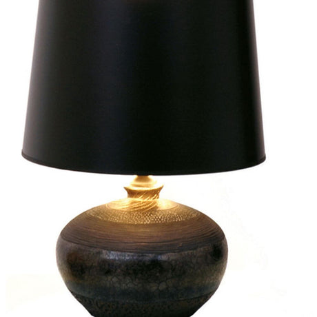 Melissa ceramic table lamp in black-grey-silver with a black lampshade and decorative base.