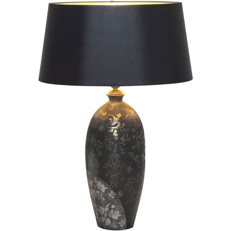 Table lamp Mary Oval Large Ceramic Black-Gold-Silver with black lampshade and golden accent lighting.
