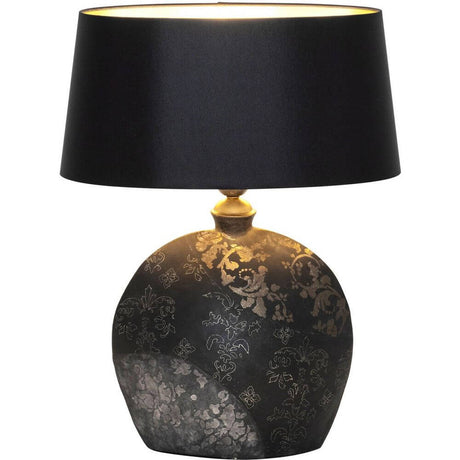 Table lamp Mary Oval Small Ceramic Black-Gold-Silver with black lampshade and elegant vase.