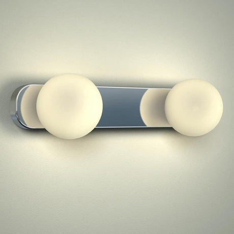 Azos mirror wall light 28cm IP44 chrome, white with two warm glass globes and a chrome-plated bar.