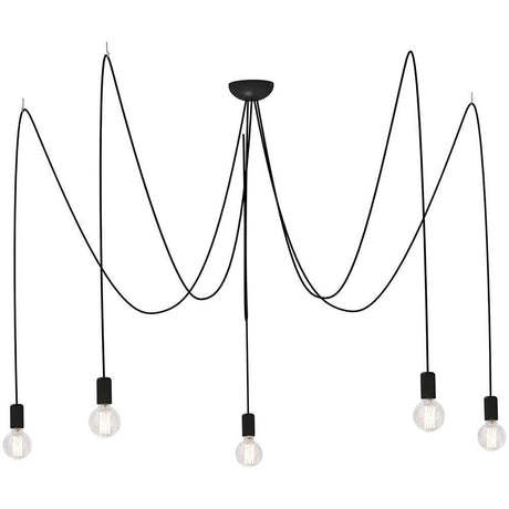 Spid pendellampe med 5 lyskilder i edderkoppform, svart, med elegant design og fem hengende lamper.